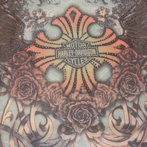 Harley Davidson Sheer Rhinestone Cross Floral Women’s Tank Top Size Large - Picture 2 of 7